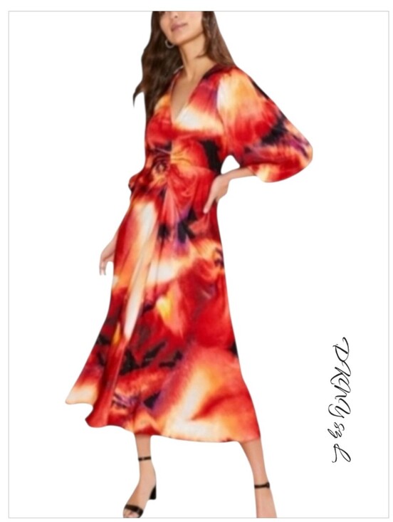 Dkny Dresses & Skirts - DKNY Printed Satin Midi Dress Red Orange Abstract Puff Sleeve L NWT